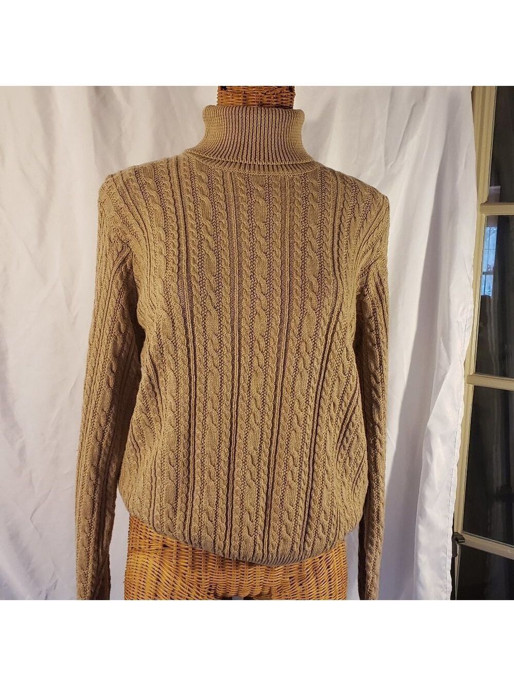 Ladies WAINSCOTT Cable Knit Turtleneck Sweater in Tan - S